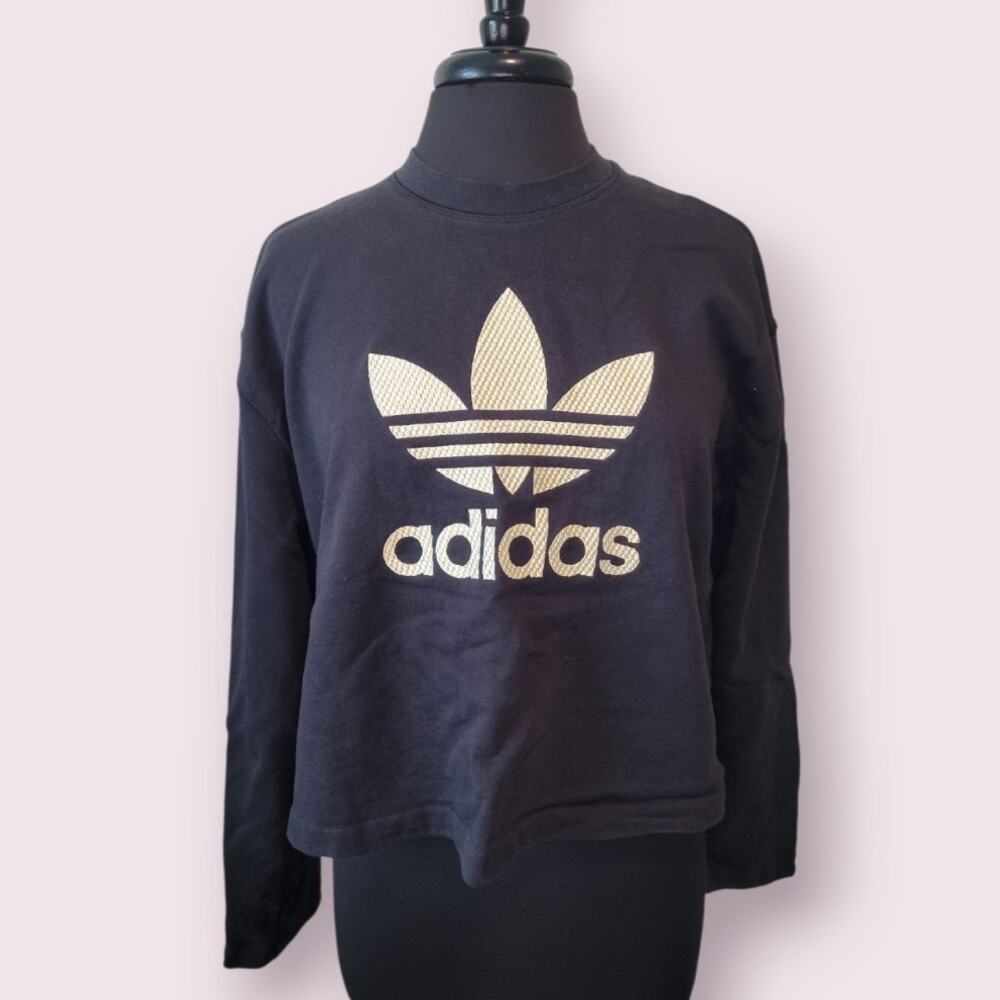 Adidas Trefoil Sweatshirt Black Womens S Y2K Athleisure Streetwear
